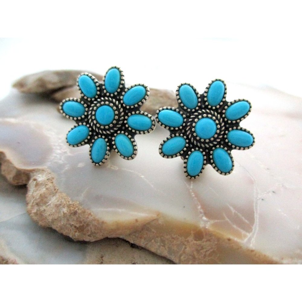 American West Carolyn Pollack .925 Silver Turquoise Flower Blossom Clip Earrings